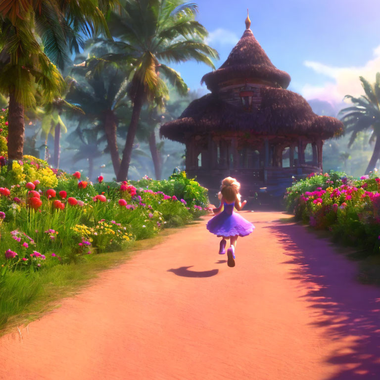 Young girl running towards tropical gazebo in vibrant setting