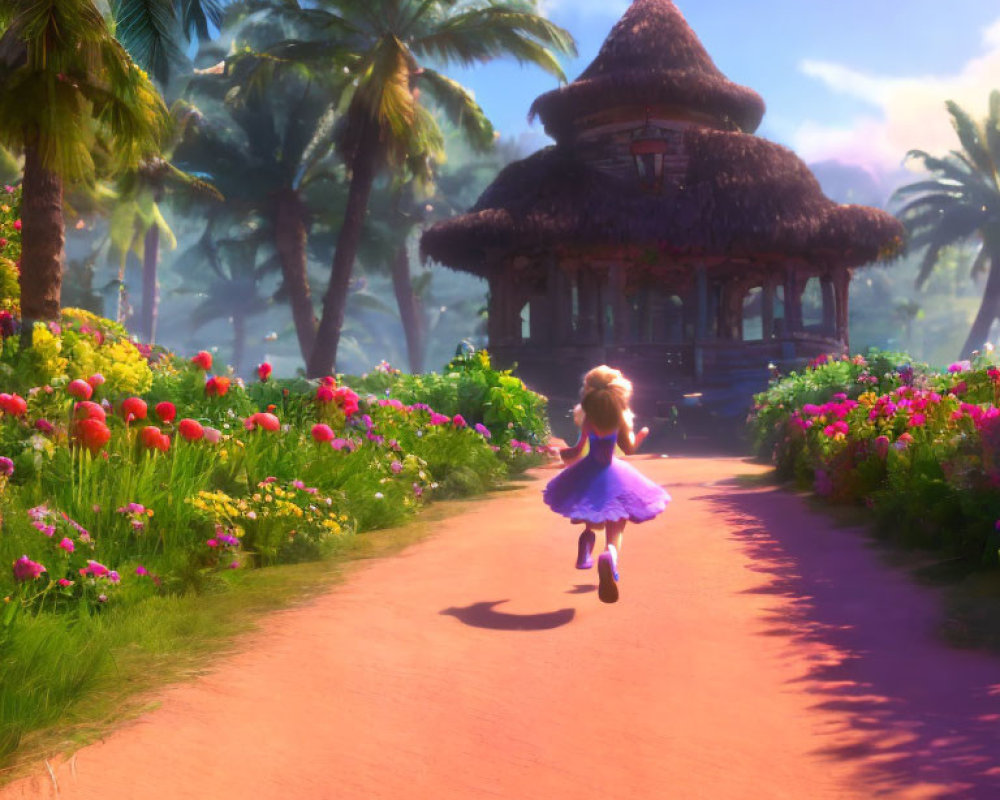 Young girl running towards tropical gazebo in vibrant setting