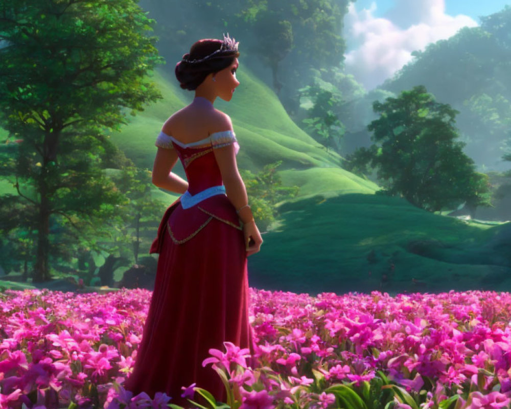 3D animated princess in vibrant meadow with tiara and forest view