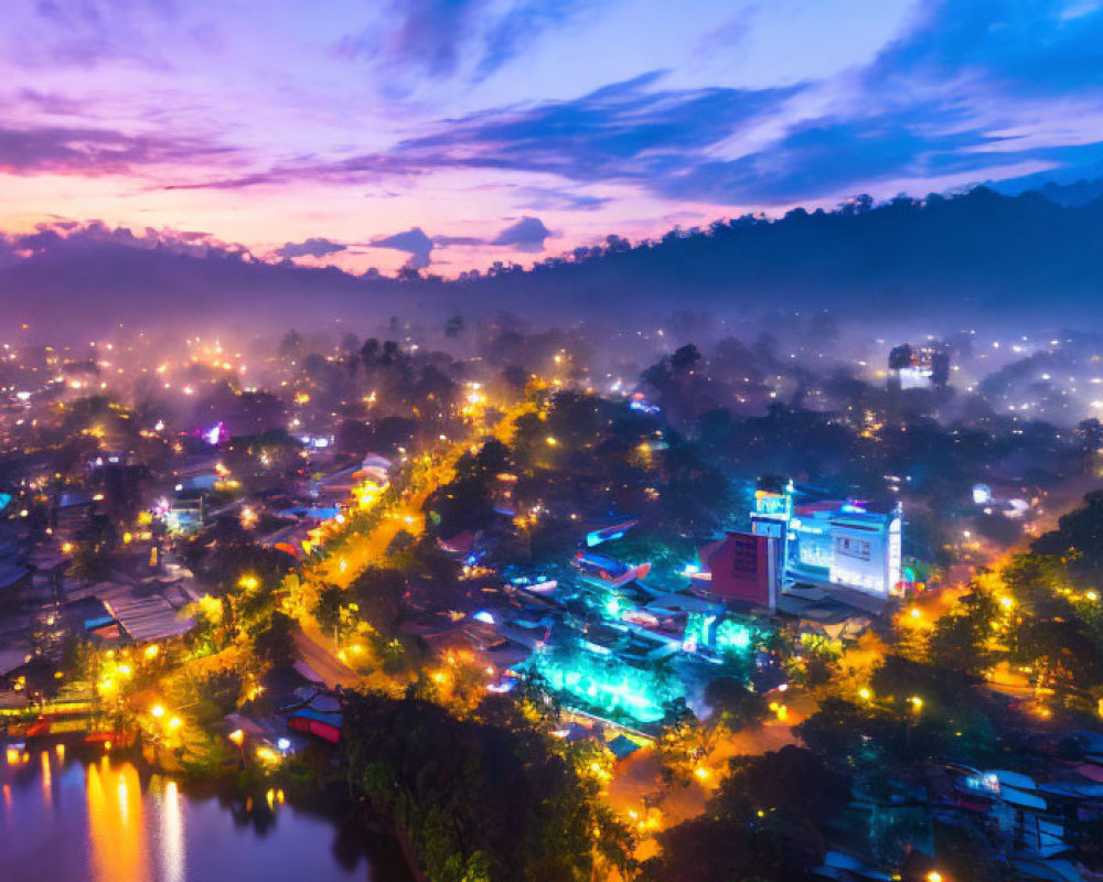 Town at Twilight: Aerial View with Street Lights, River, Mist, and Colorful Sky