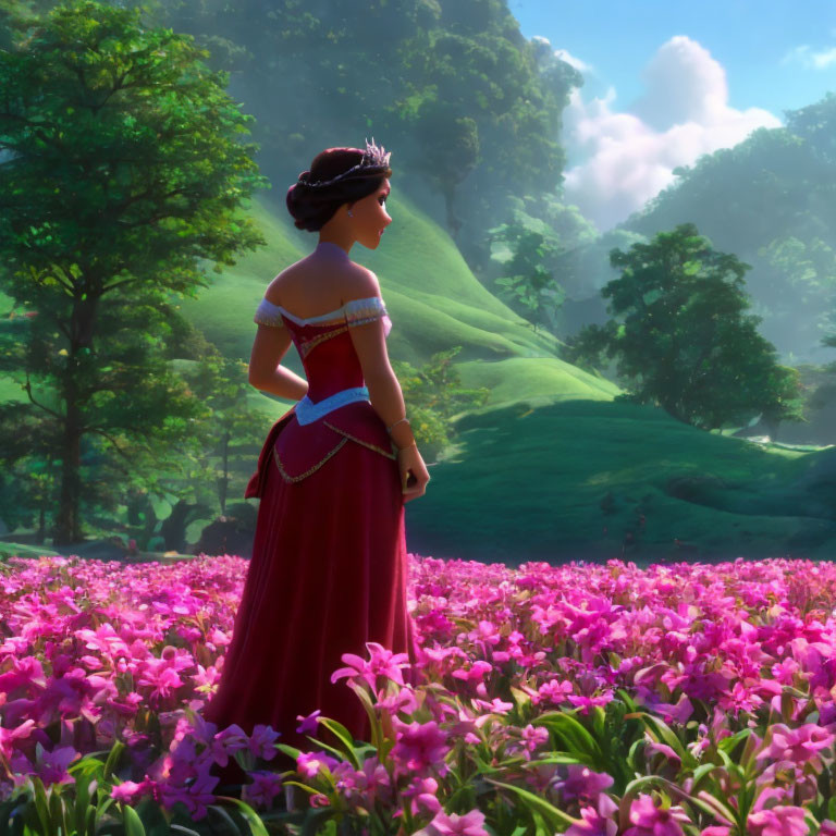 3D animated princess in vibrant meadow with tiara and forest view