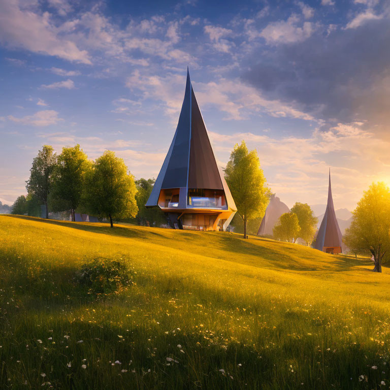 Contemporary triangular houses on lush hillside with sunlight, skies, and trees