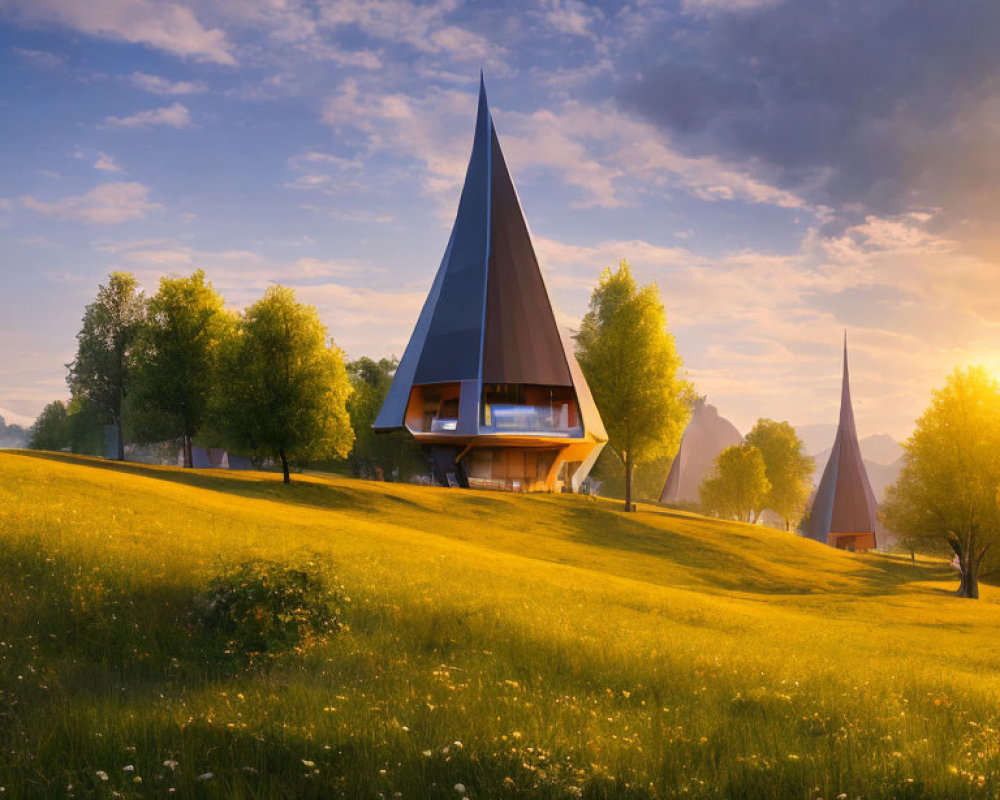 Contemporary triangular houses on lush hillside with sunlight, skies, and trees