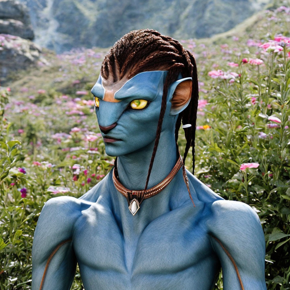 Blue-Skinned Cat-Like Humanoid in Nature Setting