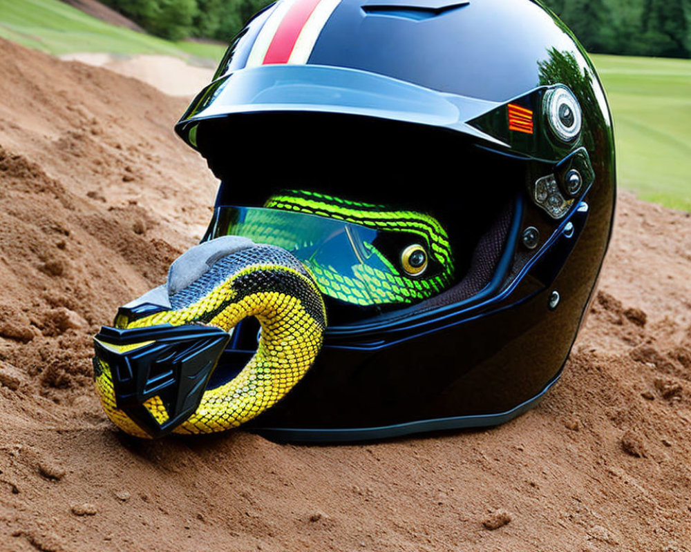 Colorful Snake Peering Out of Motorbike Helmet on Ground