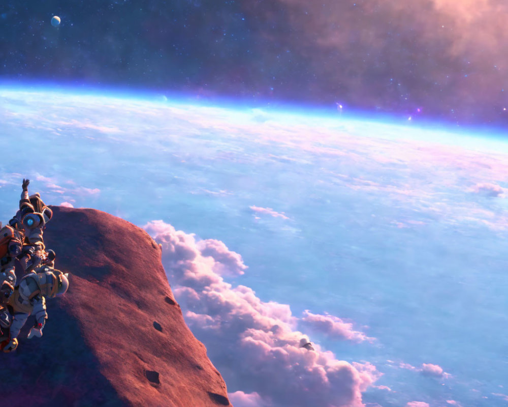 Spaceman on Rocky Alien Terrain with Purple Cosmic Sky