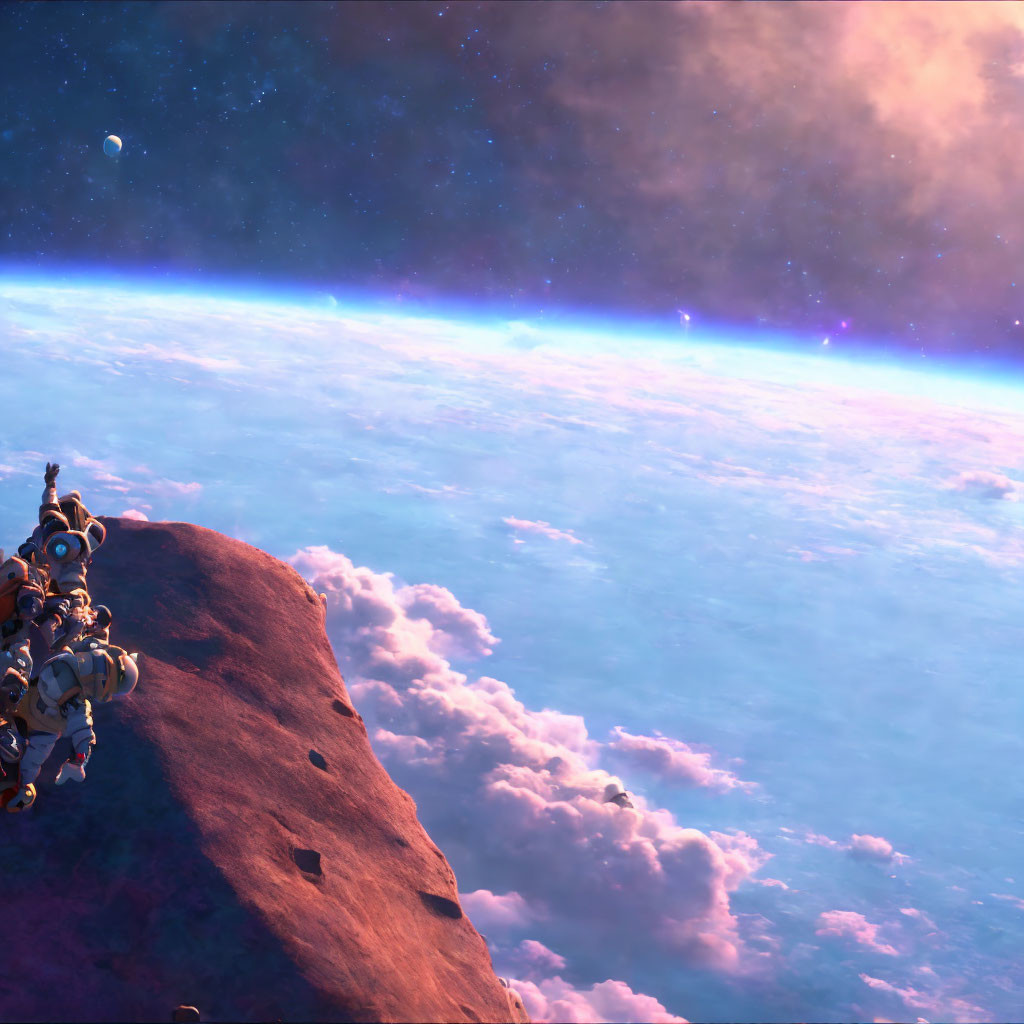 Spaceman on Rocky Alien Terrain with Purple Cosmic Sky