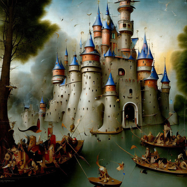 Medieval castle with blue roofs floating on water amidst sailing boats under dark sky