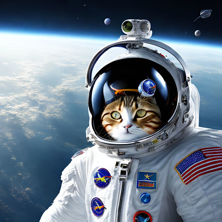 Cat's head on astronaut suit with Earth and space backdrop