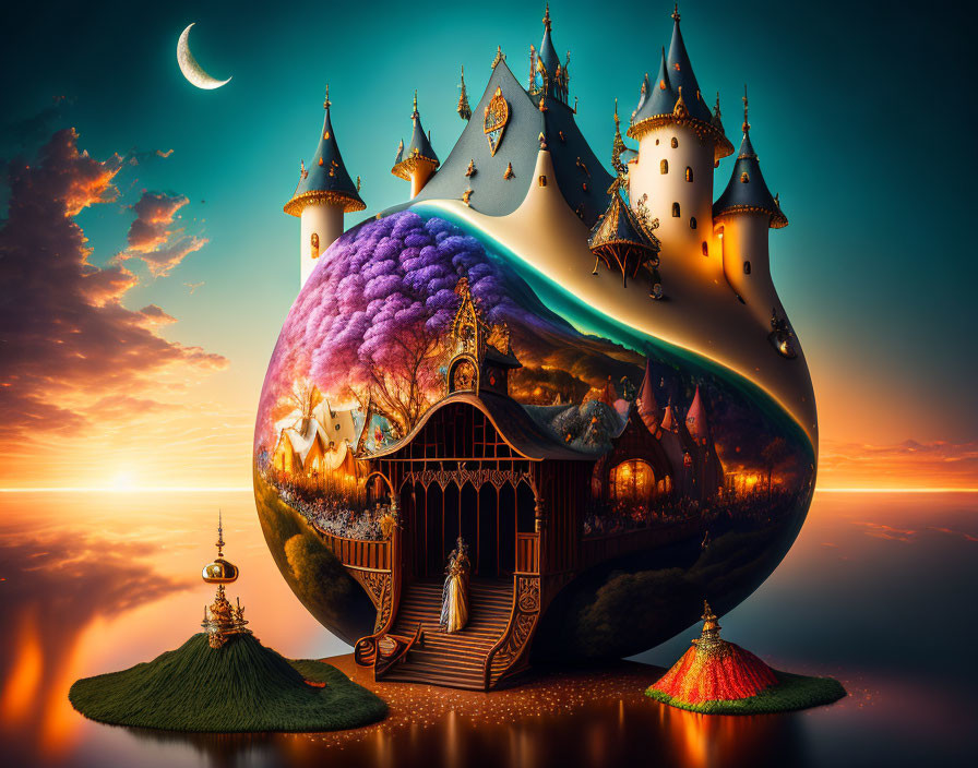 Fantasy castle on curved landscape with colorful trees under twilight sky