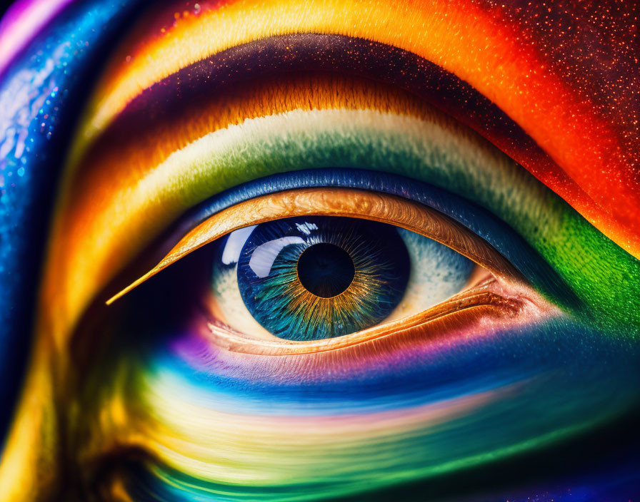 Vibrant rainbow painted human eye with intricate details