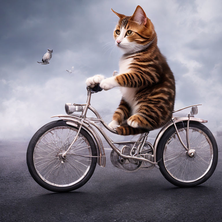 Tabby Cat on Vintage Bicycle with Seagulls on Cloudy Road