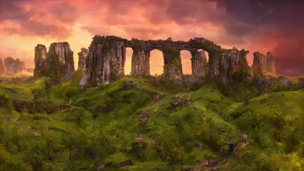 Natural rocky arch in green hills under dramatic sunset sky with pink and purple clouds