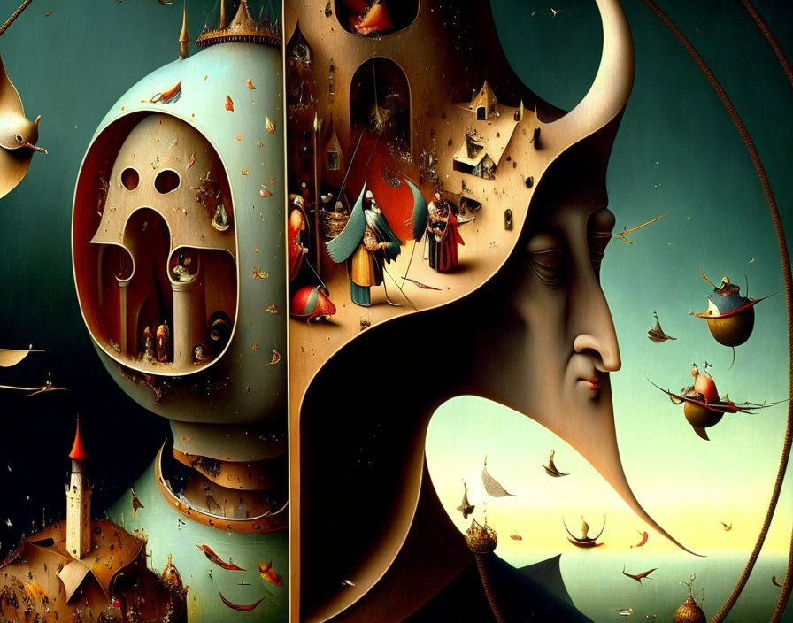 Human profile merges with figures, boats, and architecture in surreal artwork