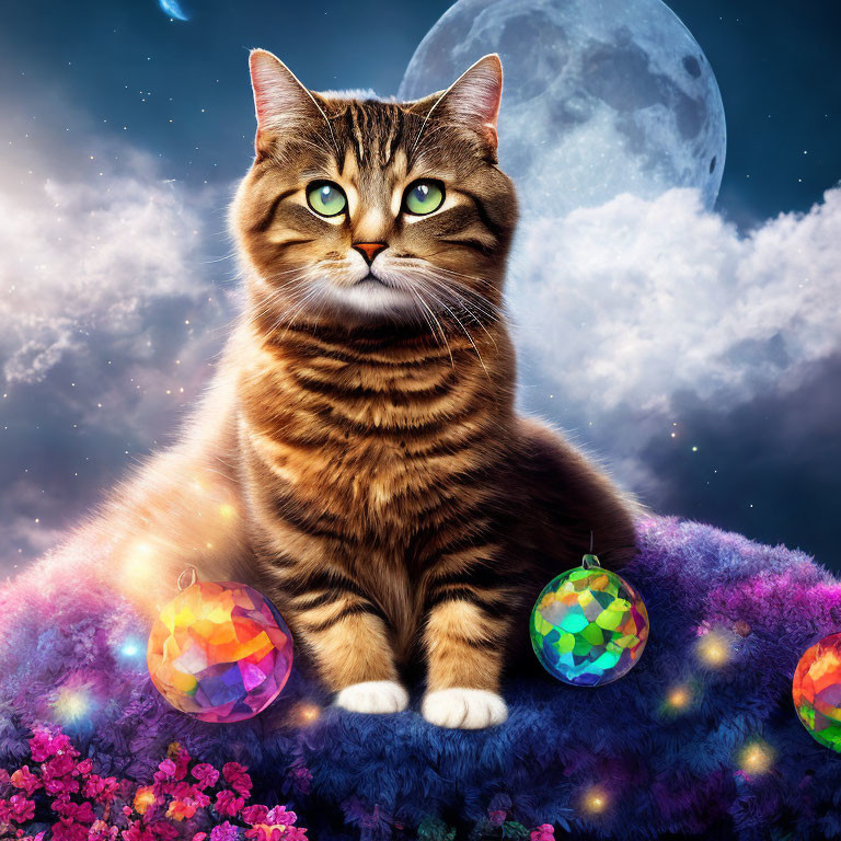 Tabby cat on colorful cloud with disco balls and flowers under full moon