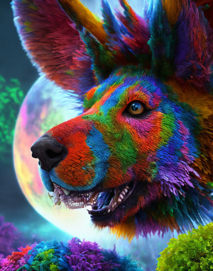 Colorful Wolf Artwork with Rainbow Fur and Sharp Teeth on Dark Background