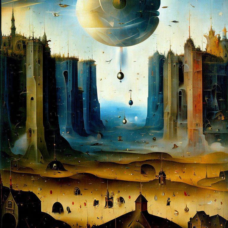 Surreal landscape with celestial orbs and floating figures