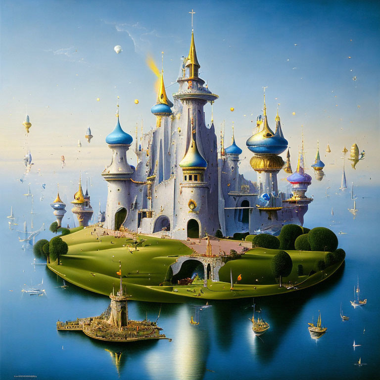 Fantastical castle on floating island with airships and boats in serene sky