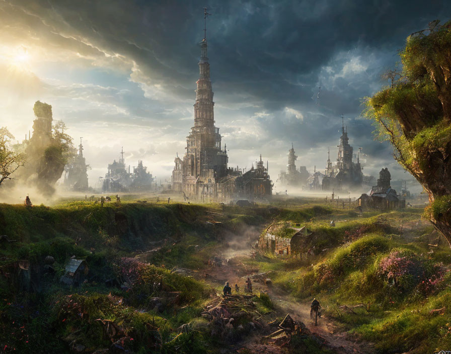 Majestic fantasy landscape with towering spires, ruins, dramatic clouds, overgrown flora, and