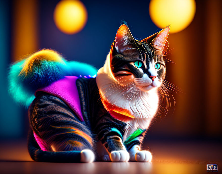 Colorful Digital Artwork: Cat in Blue and Orange Lighting with Neon Costume