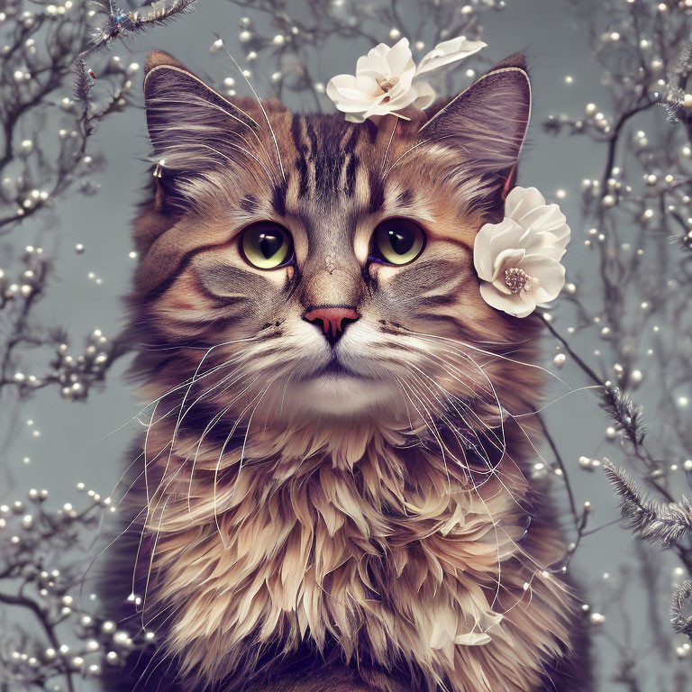 Fluffy tabby cat with green eyes and white flowers in a blossoming setting