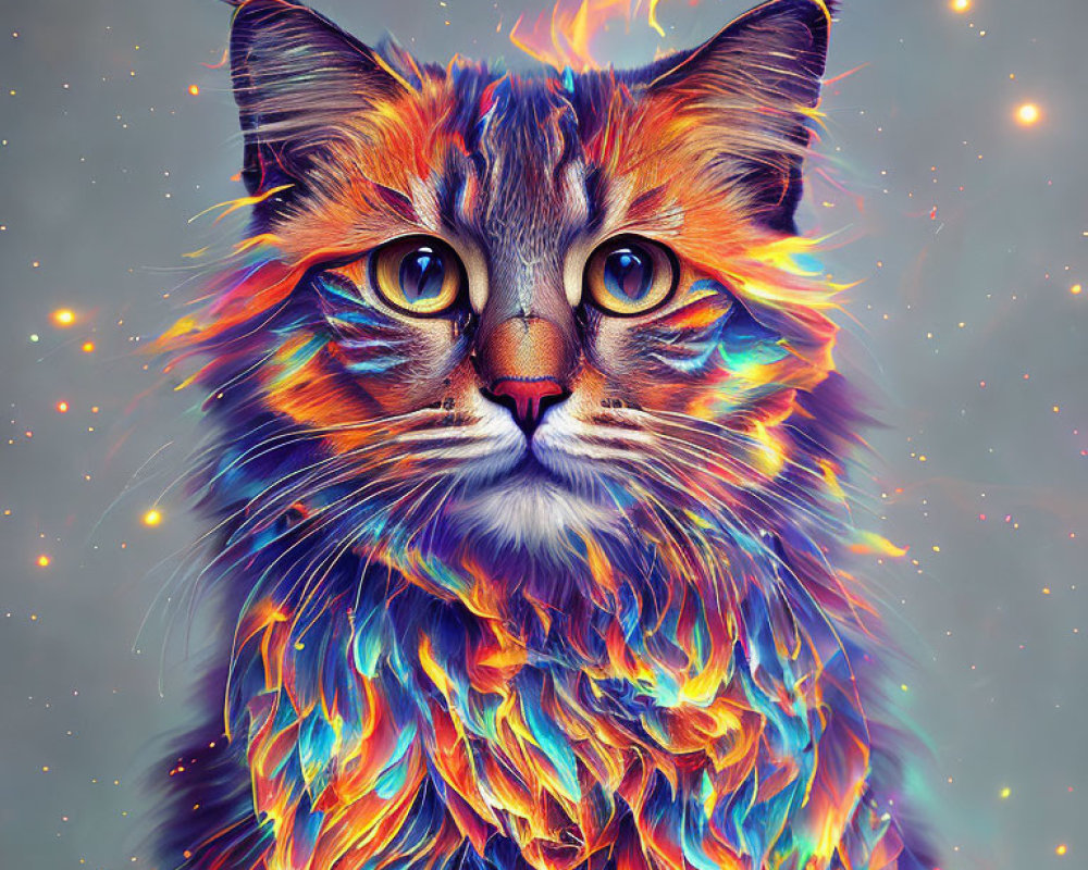 Colorful Digital Art: Cat with Rainbow Fur and Blue Eyes in Starry Scene