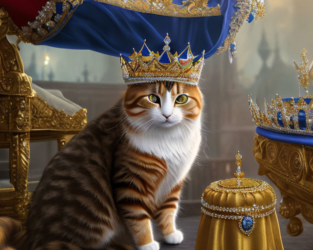 Regal striped cat with golden crown among royal pillows and crowns