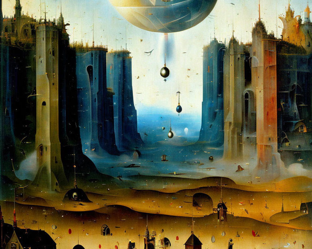 Surreal landscape with celestial orbs and floating figures