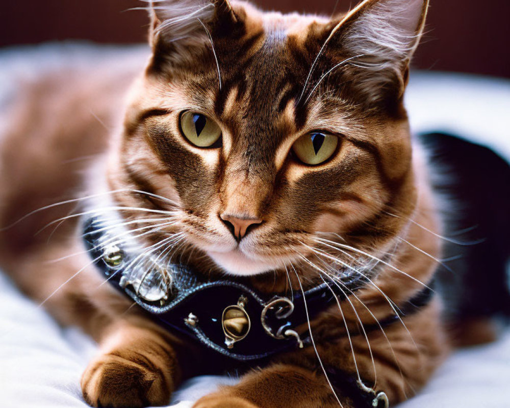 Brown Tabby Cat with Green Eyes Wearing Studded Collar on Bed