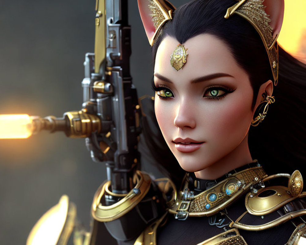 Futuristic female character with cat-like features in 3D rendering