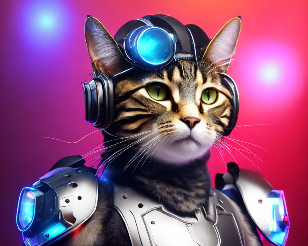 Tabby cat digital art in futuristic helmet and armor on vibrant backdrop