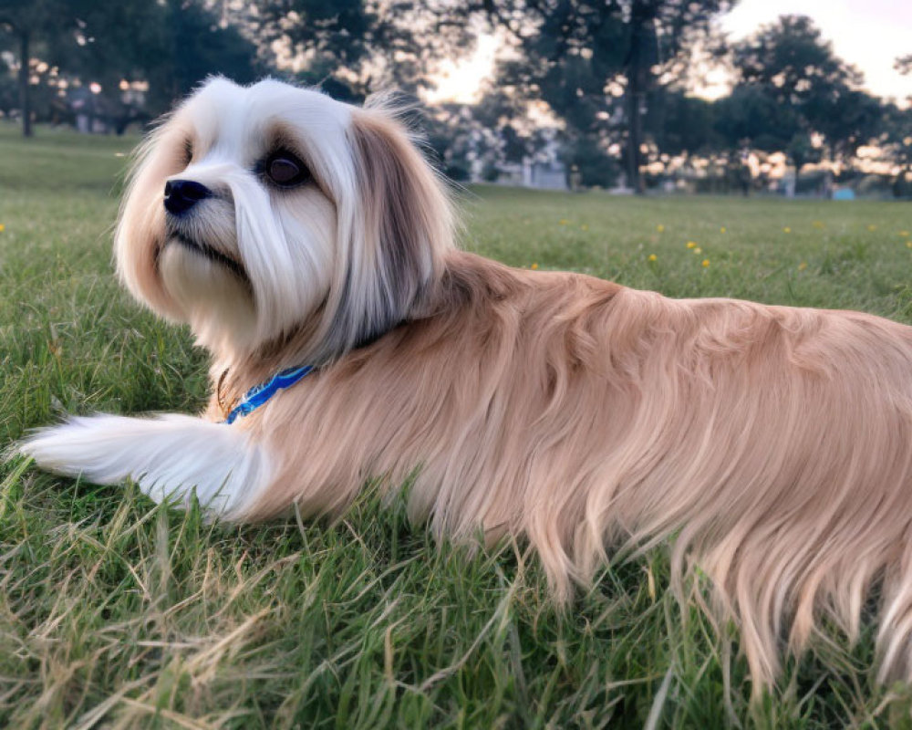 Fluffy Tan and White Dog with Blue Collar Resting on Green Grass at Twilight