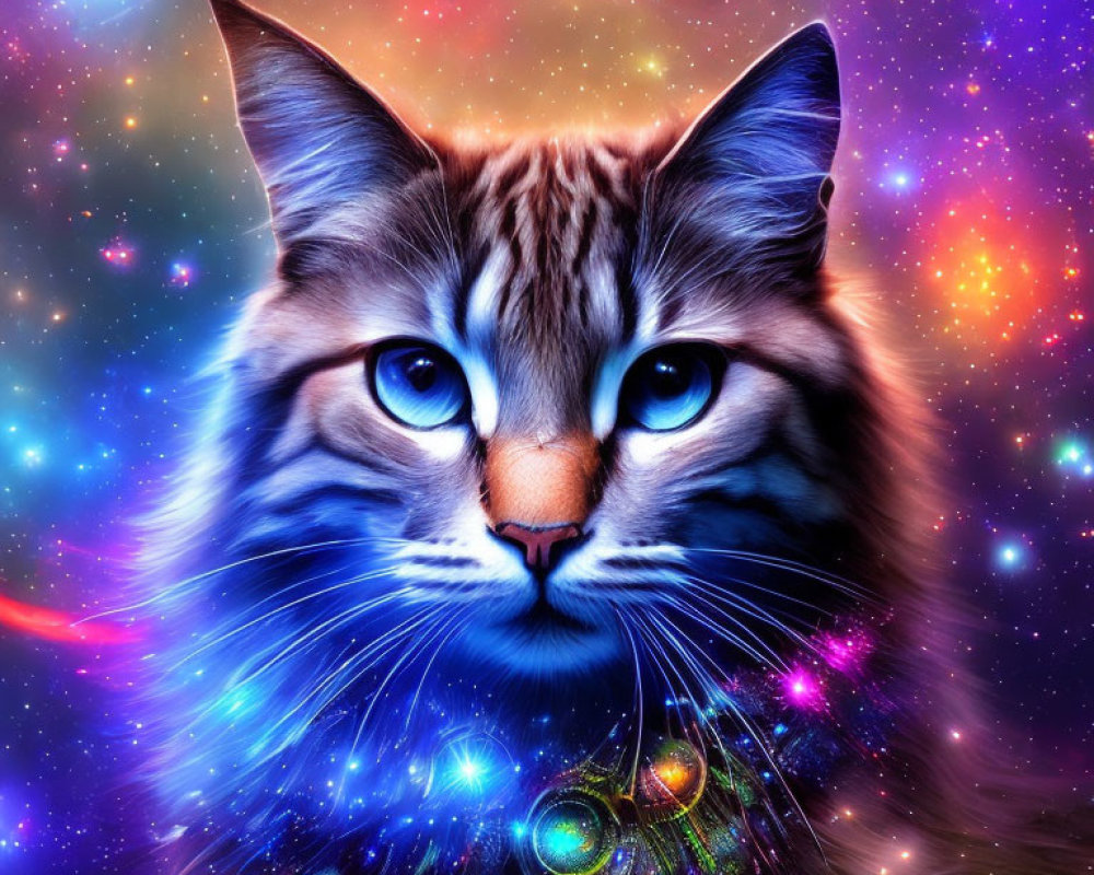 Colorful digital artwork: Galaxy-themed cat with cosmic backdrop