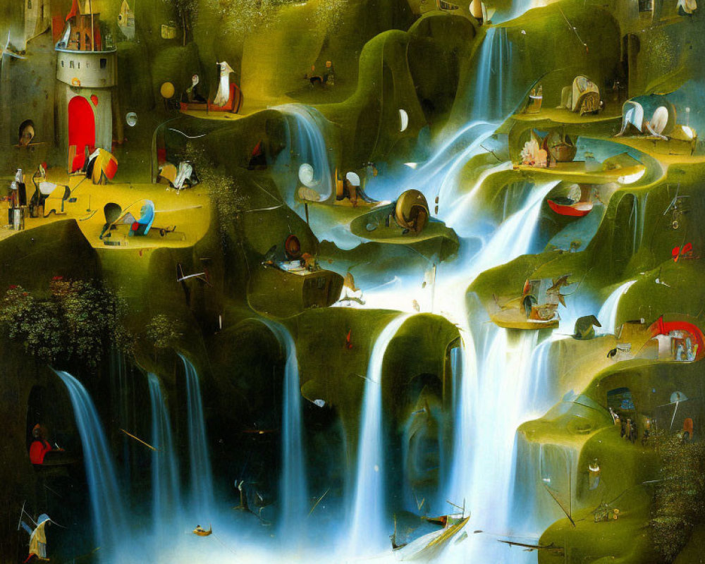 Fantastical surreal landscape with cascading waterfalls and tiny human figures