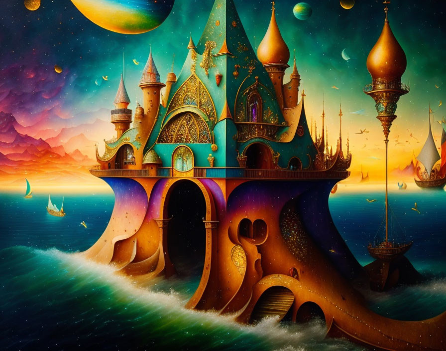 Vibrant, colorful castle painting with surreal landscape and ships below