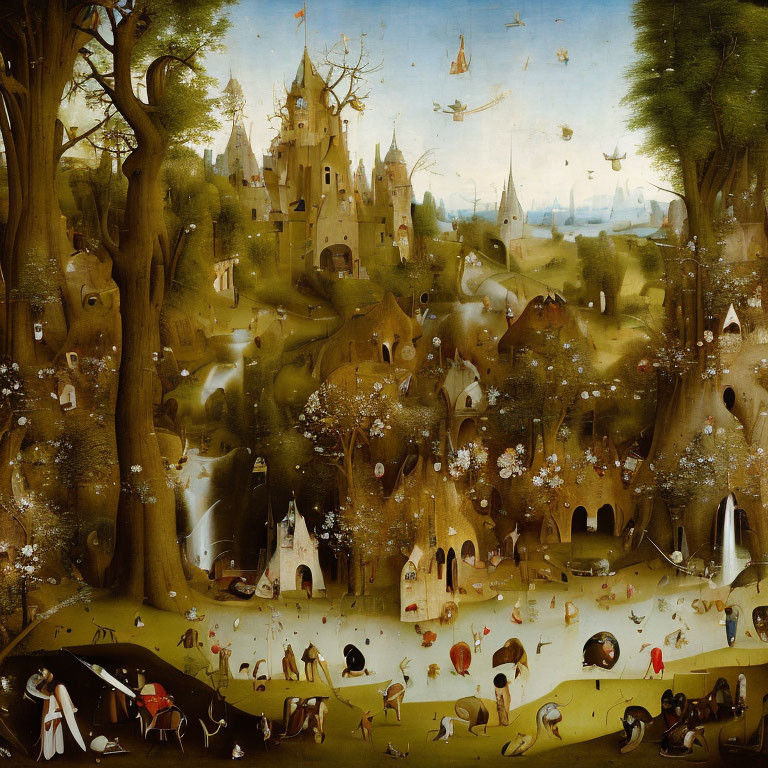 Renaissance-style painting of fantastical landscape with human activities, castles, and creatures