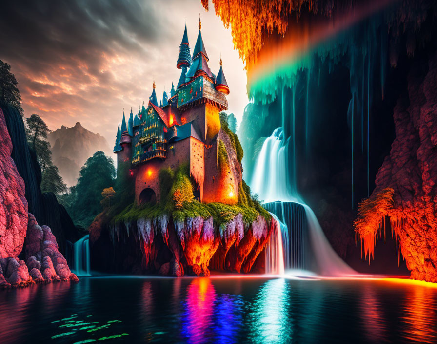 Majestic castle with spires on lush island surrounded by waterfalls