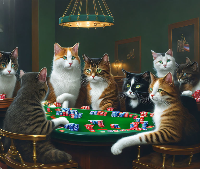 Seven Cats with Human-Like Expressions at Poker Table with Chips and Cards