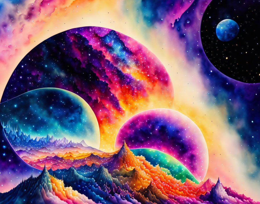 Multicolored cosmic landscape with celestial bodies and mountains