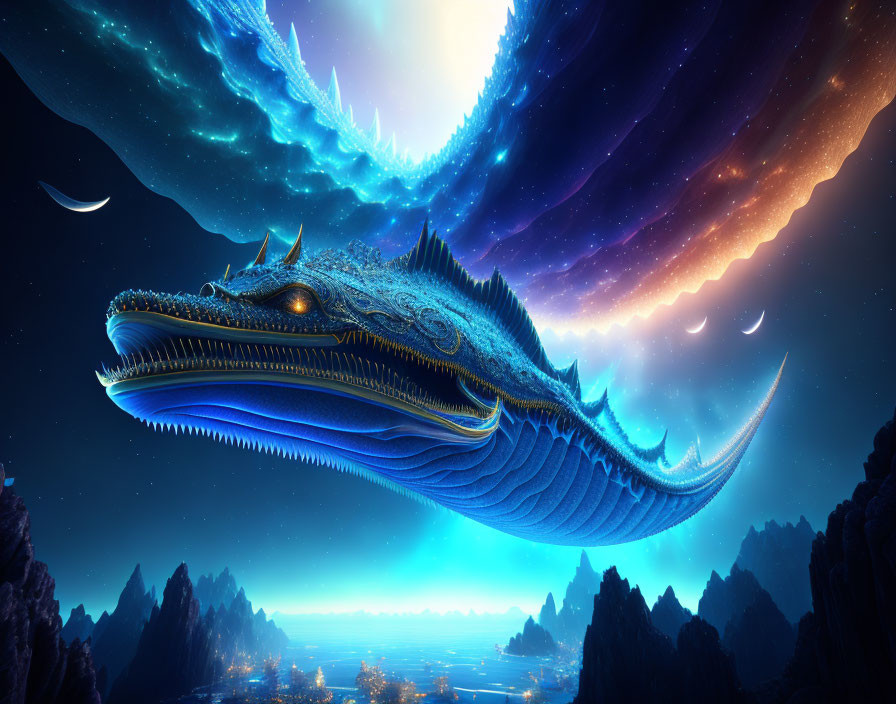 Blue dragon flying under starry night sky with aurora lights and crescent moons