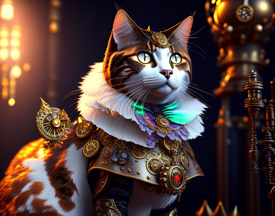 Regal cat in golden armor and ruff on opulent background