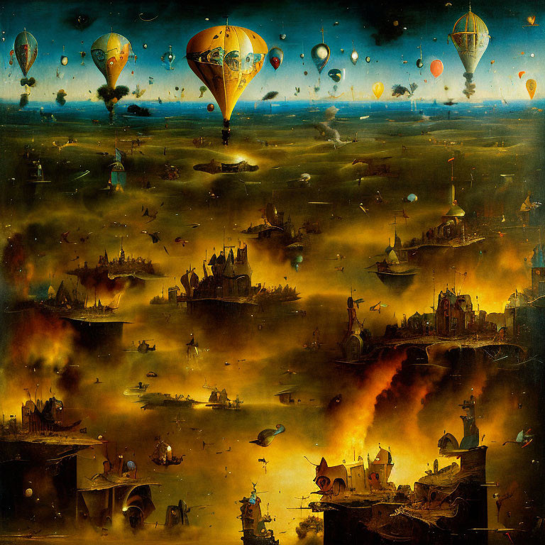 Fantasy landscape featuring airships, balloons, cities, castles, and rivers