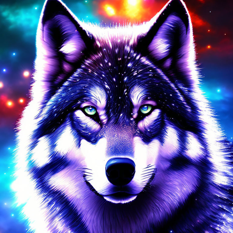 Digital Art: Wolf with Blue Eyes in Multicolored Nebula