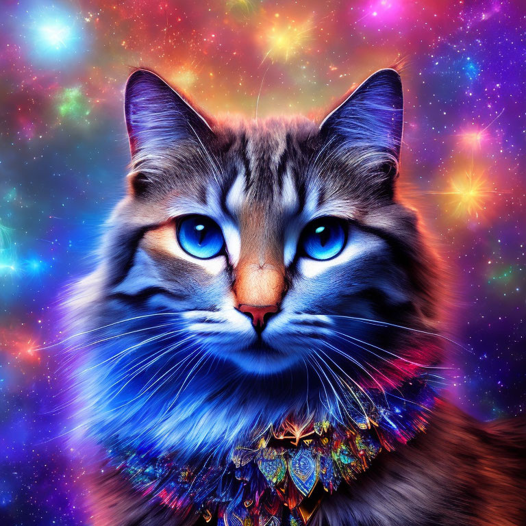 Close-Up Cat with Striking Blue Eyes Against Colorful Cosmic Background