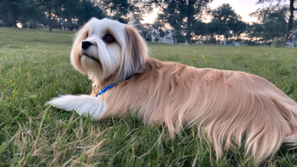 Fluffy Tan and White Dog with Blue Collar Resting on Green Grass at Twilight