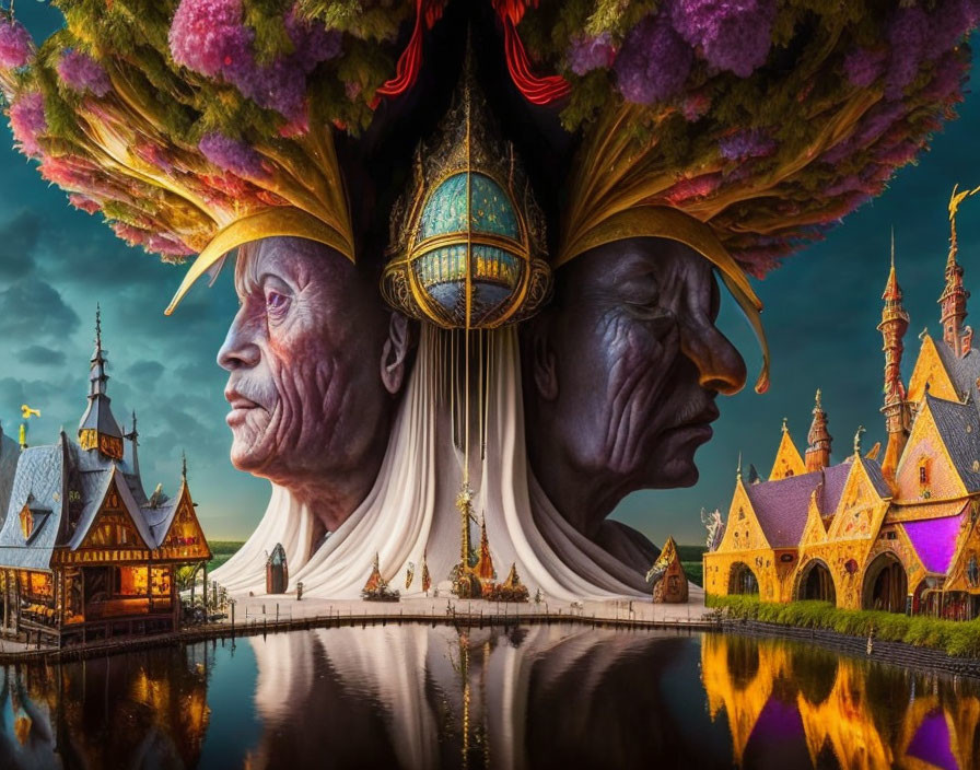 Symmetrical fantasy landscape with elderly faces in tree-like structures