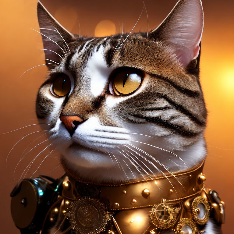 Majestic cat with amber eyes in steampunk collar on warm backdrop