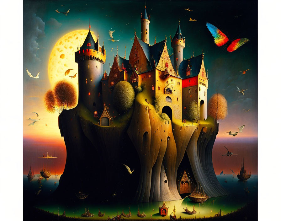 Moonlit fantasy castle on cliff with flying ships and colorful birds