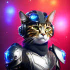 Tabby cat digital art in futuristic helmet and armor on vibrant backdrop