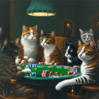 Seven Cats with Human-Like Expressions at Poker Table with Chips and Cards